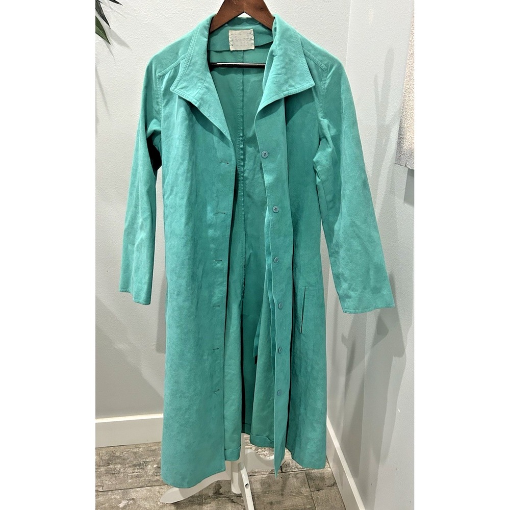 Vintage 70s Turquoise‎ Suede Trench Overcoat Boho Hippie Festival Flower Western